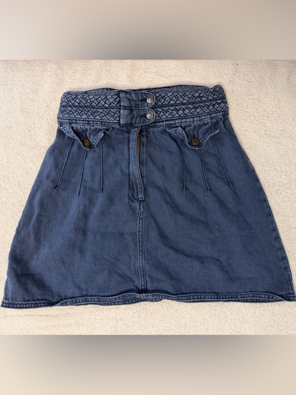 Free People Braided Baby Mini Skirt Denim High-Rise Hemp Boho A-Line Western 16”
